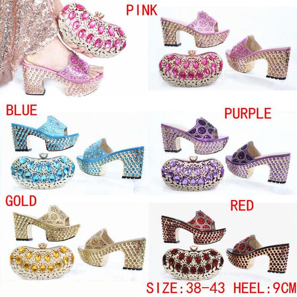 

lovely pink shoes matching bag for african aso ebi shinning big stones slippers shoes and clutches bag sb8475-4, Black