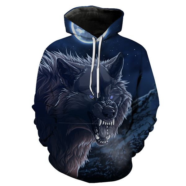 

foreign trade night wolf printing hooded pocket pullover men's tide hooded men's clothing blouse hoodies, Black