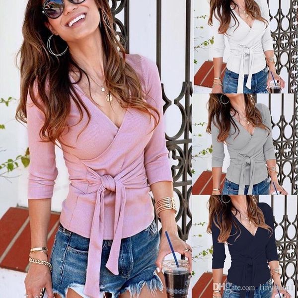 

tshirt women casual v-neckline t-shirts women t shirts cross strap bow shirt long sleeve 2020, White