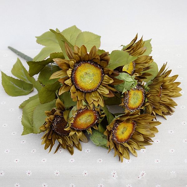 

1 bouquet 13 heads retro european style oil painting feel greyish-green sunflower artificial flowers 50cm