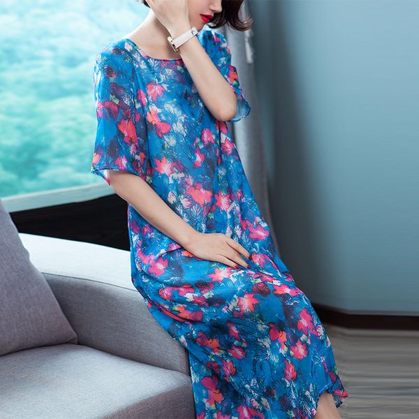 

luxury elegant 2019 new middle age blue silk print mid-calf dress vintage elegant large size loose women dress, Black;gray