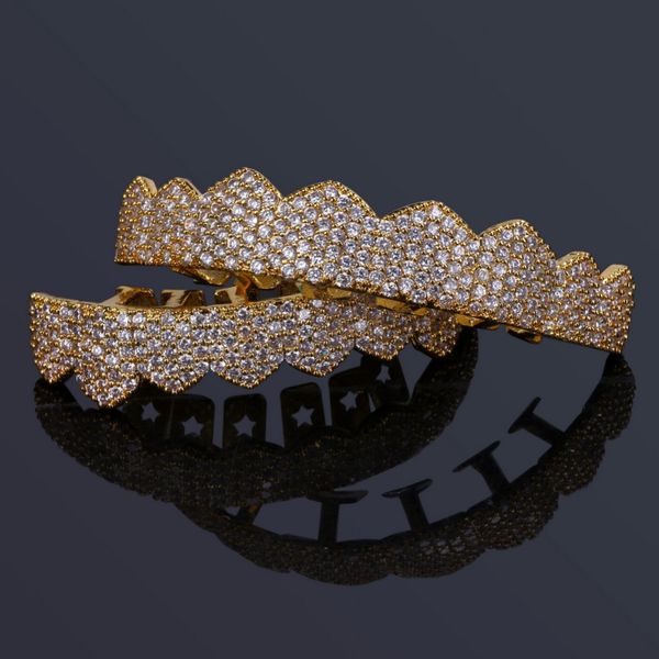 

rillz custom fit gold silver color iced out hip hop teeth grillz micro pave cubic zircon & bottom teeth grills set, Slivery;golden