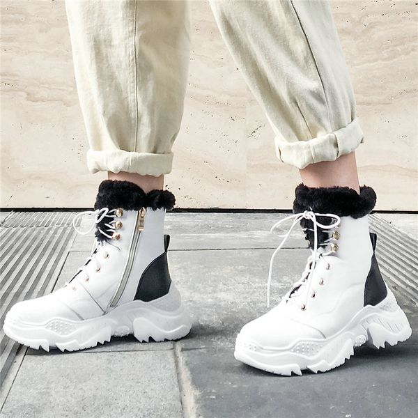 

winter tennis shoes women lace up cow leather high heel fashion sneakers platform wedges pumps warm fur trainers casual shoes, Black
