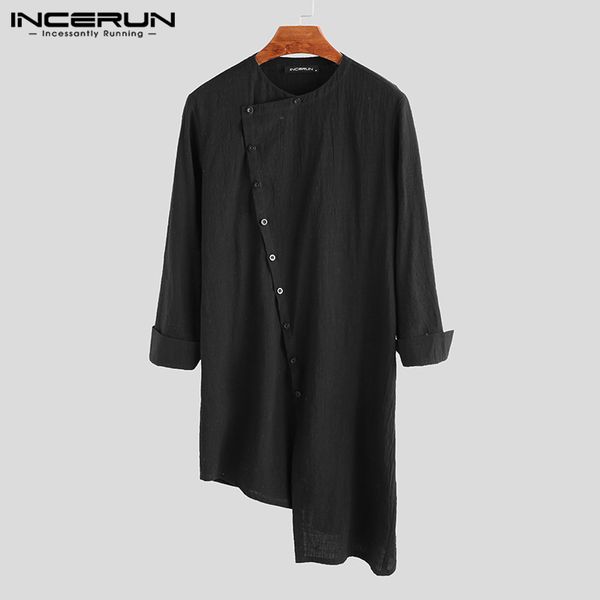 

incerun men clothing shirt retro button streetwear solid cotton vintage long sleeve casual long irregular shirt men s-5xl, White;black