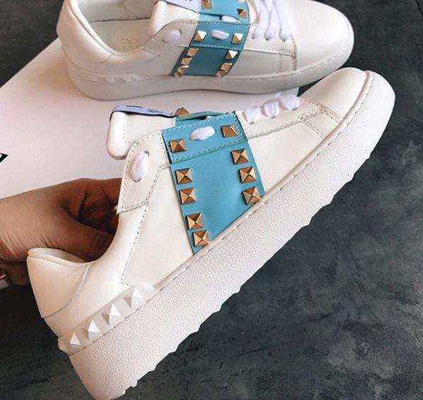 

2019 new luxury men and womens designer shoes white leather open casual with blue band multicolor trainers casual shoes with box t05, Black