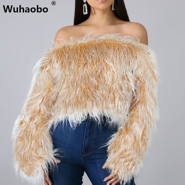 

wuhaobo artificial fur one word collar gradation women long fur blouses women winter keep warm long sleeve short, White