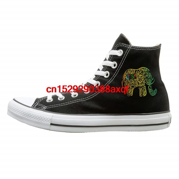 

men's women's painted high lace up canvas shoe,autism awareness elephant trainers sneaker for men women, Black