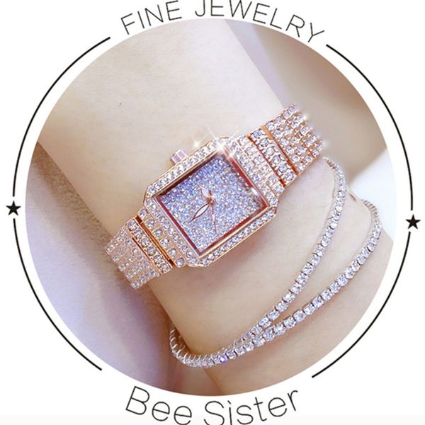 

new selling imported quartz movement ladies chain watch high-end custom full-water rhinestone female watch rectangular dial, Slivery;brown