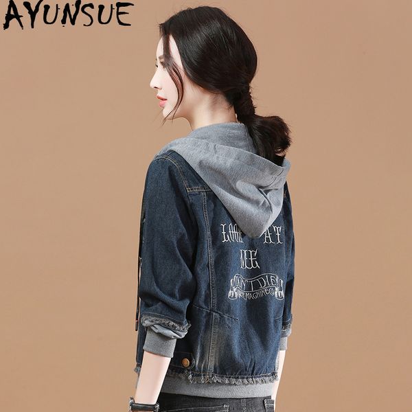 

ayunsue 2019 women's denim jacket hooded vintage jeans jacket women korean embroidery casual coat veste jean femme d883c kj2568, Black;brown