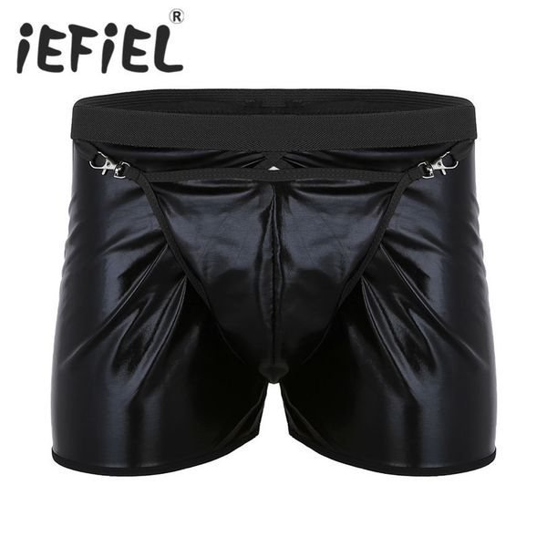 

iefiel fashion mens male wetlook faux leather open back low rise boxer shorts underwear underpants with removable bulge pouch, Black;white