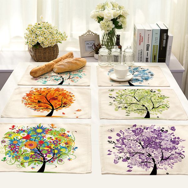 Tovagliette colorate stampate con albero della vita per stoviglie, tovagliette da pranzo, tovagliette in cotone e lino, sottobicchieri, accessori da cucina