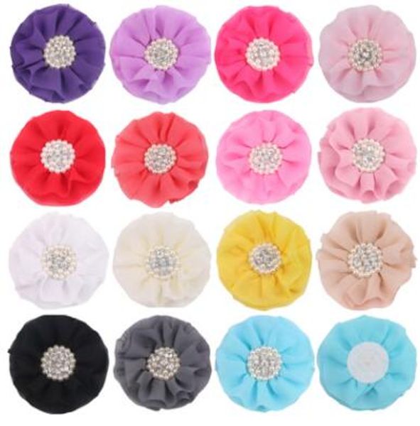 

4pcs pearl rhinestone cluster flower chiffon rosette flowers hair accessories hair flower without hairclips no barrette bows, Slivery;white