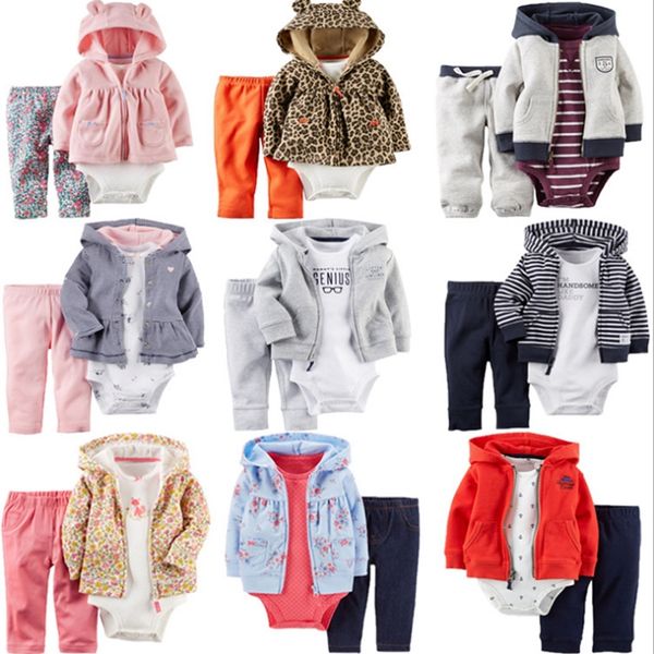 

baby hooded outfits cotton kids hoodie coat romper pants 3pcs sets floral girls suits boutique boy clothing sets 8 designs dhw1992, White