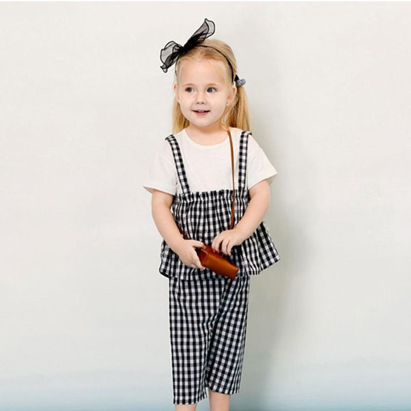 

girl clothes set toddler kids baby girls short sleeve plaid prtint + plaid pants outfit, White