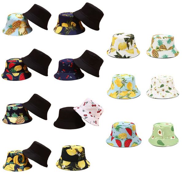 

women outdoor sports sunshade hat casual basin cap bucket sun hats tropical printed fruit pattern fisherman hat female summer, Black;white