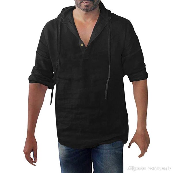 

womail 2019 new arrival fashion men baggy linen solid button plus size long sleeve hooded shirts man shirts high quality, White;black