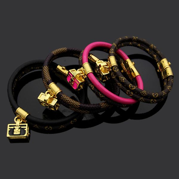 

fashion brand named bracelets lady print flower v letter design double deck leather cord bracelet bangle with 18k gold plated bags 4 color, Black