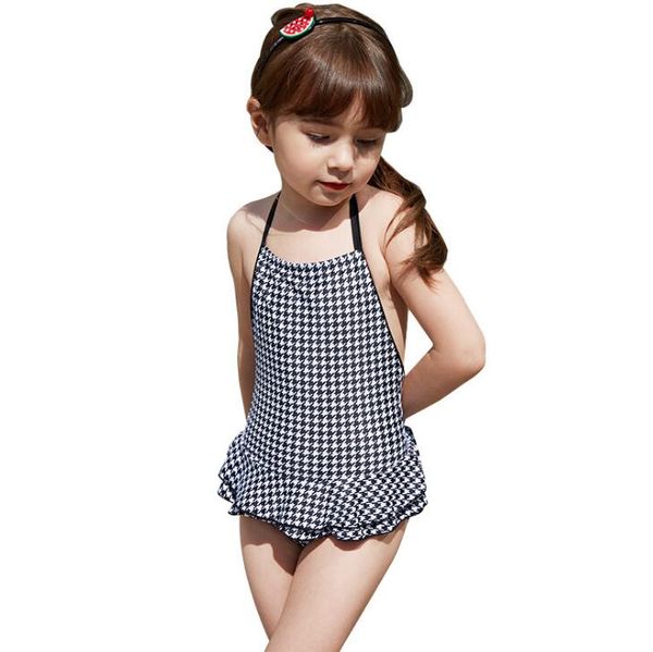 

new children's swimming suit simple european and american little, middle children's linked girls'spring swimming suit, Black