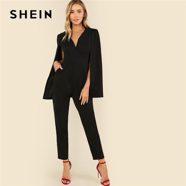 

black party elegant wrap plunging v neck cloak long sleeve solid high waist maxi jumpsuit autumn women casual jumpsuit, Black;white