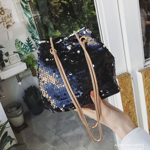 

new 2019 women girl fashion shoulder bag female bling sequins bucket bag bolsa feminina sac a main kj