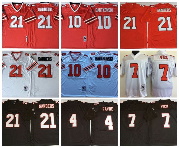 Camisas de futebol masculinas vintage Mi08 21 Deion Sanders 4 Brett Favre 7 Michael Vick 10 Steve Bartkowski bordado preto vermelho costurado Jersey M-XXXL