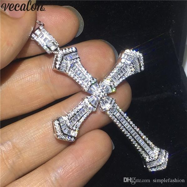 

vecalon handamde long cross pendant 925 sterling silver 5a cz stone cross pendant necklace for women men party wedding jewelry