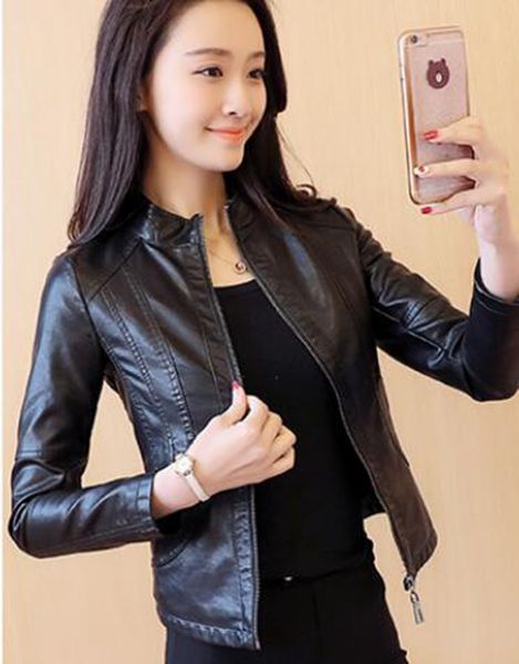

women spring and autumn business english new style boutique personality fashion slim collar pu locomotive leather coat / s-3xl, Black