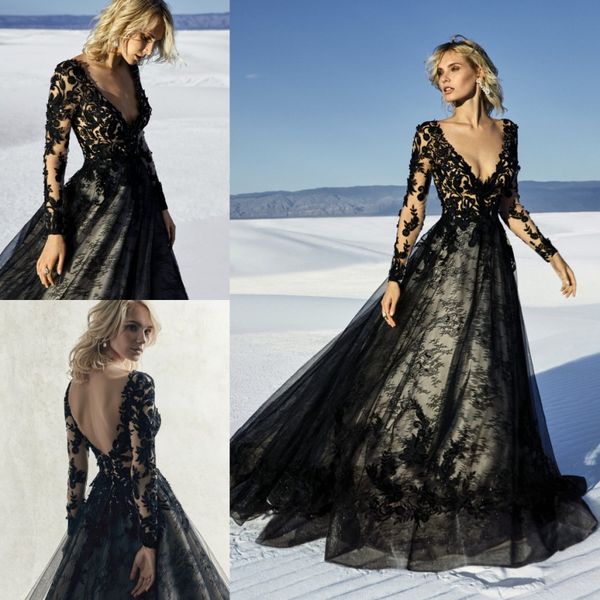 Atemberaubende rückenfreie Abendkleider aus schwarzer Spitze mit tiefem V-Ausschnitt und langen Ärmeln, Ballkleider in A-Linie, Sweep-Zug, Perlenapplikationen, formelles Kleid