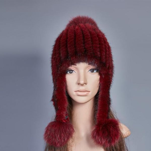

mink braided hat for autumn and winter warmth preservation new fur mink wool braided hat fox hair ball big ear protector winter, Blue;gray