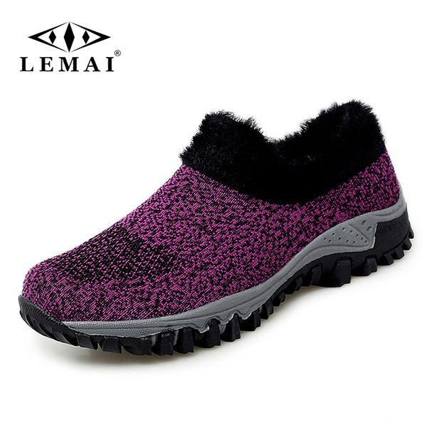 

lemai women's winter snow shoes winter warm with fur ladies casual shoe waterproof light flats plush outdoor walking footwear, Black