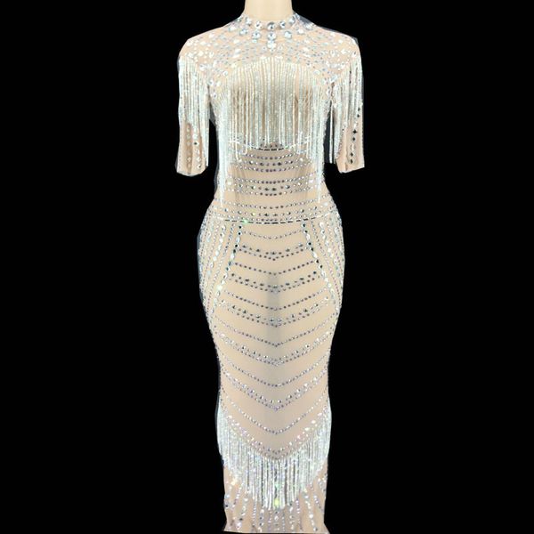 

sparkly stone fringes stretch mesh dress women birthday party celebrate rhinestones dress nightclub crystals dance costume, Black;red