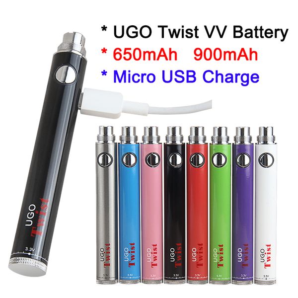 Novo logotipo personalizado disponível 650 900 mAh eCig 510 Thread Battery UGO Twist eVod VV Ego C Twist Vaper Pens Carregador Micro USB