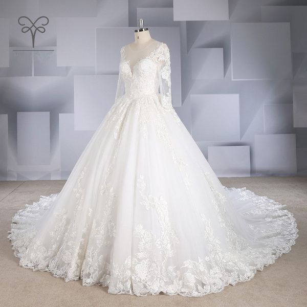 

lace appliques wedding dresses with court train new long sleeves wedding gowns ivory white bridal dress vestidos de noiva