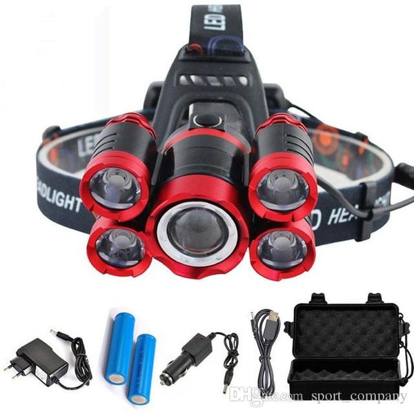 Commercio all'ingrosso Hot 5 LED Headlamp T6 Headlight 4 modalità Zoomable LED Headlamp Lampada frontale ricaricabile Torcia + 2 * 18650 Batteria + Caricabatterie AC / DC + Box