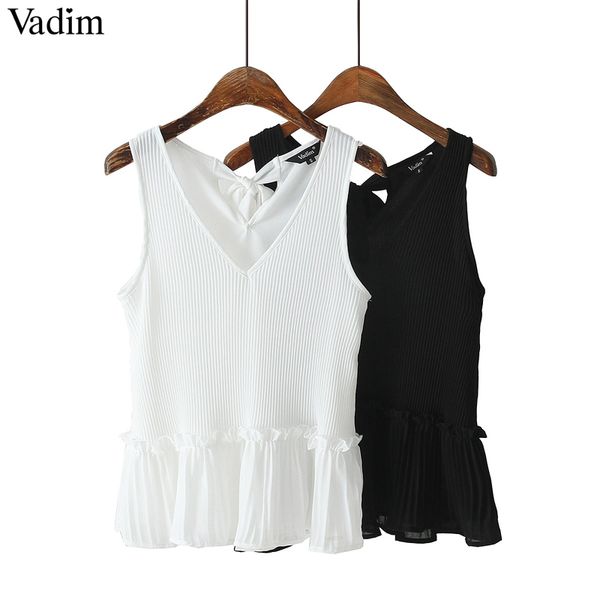 

vadim women black white v neck blouse chiffon pleated sleeveless female casual shirts sweet solid chic summer blusas wa197