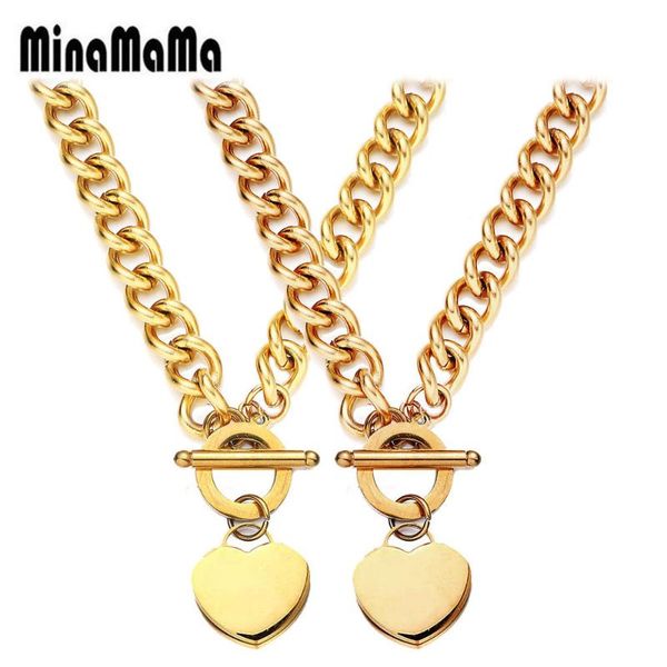 

women's stainless steel chunky chain necklaces ot buckle heart pendants necklace for woman toggle choker valentine's day gift, Silver