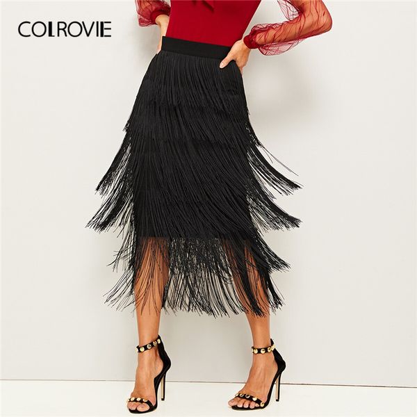 

colrovie black layered fringe detail pencil skirt women 2019 summer ladies midi skirt high waist bodycon glamorous solid skirts, Black;gray