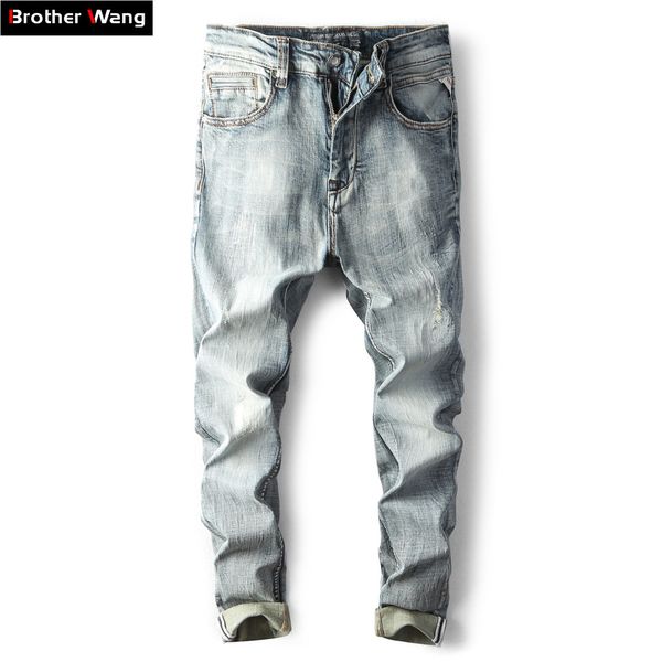 

men's skinny stretch jeans 2019 autumn winter new fashion retro thick slim fit cotton ripped jean trousers brand, Blue
