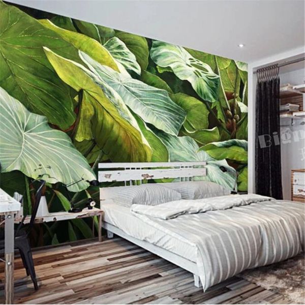 foto murais beibehang personalizado papel de parede 3D Sudeste Asiático óleo de folha de gotejamento Guanyin planta verde pintura de parede de fundo TV