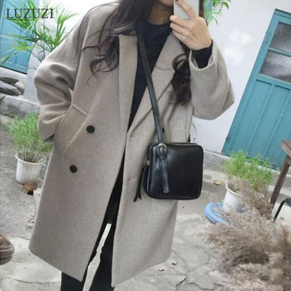 

luzuzi new thin wool blend coat women long sleeve turn-down collar outwear jacket casual autumn winter elegant overcoat, Black