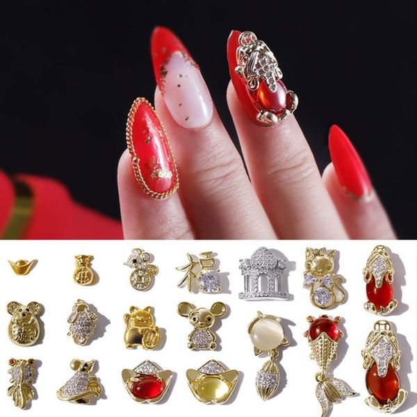 

nail decoration fortune cat mouse chinese character money shape gold-plated women nails art accessory, Silver;gold