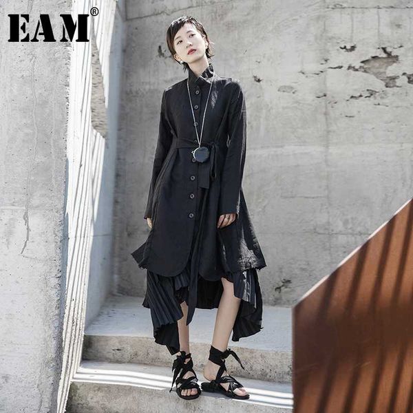 

eam] women black asymmetrical split joint trench new stand collar long sleeve loose fit windbreaker fashion spring 2020 1r597, Tan;black