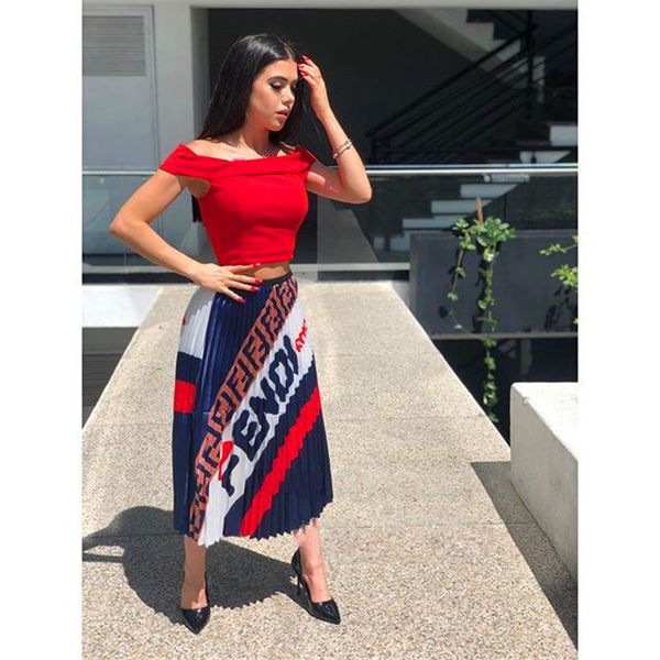

FF Pleated Digital Printing Womens Skirts Sexy Contrast Color Straight Skirts Spring Summer Female Hot Clothing