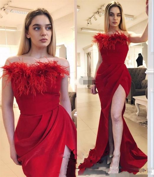 

red feather strapless prom dresses vestido de fiesta spring summer ruffles high split evening gowns arabic floor length cocktail party dress, Black;red