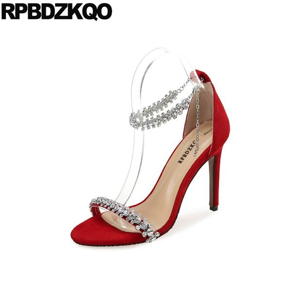 

open toe heels stiletto 11 sandals red women ankle strap shoes jewel crystal luxury pumps rhinestone diamond large size suede, Black