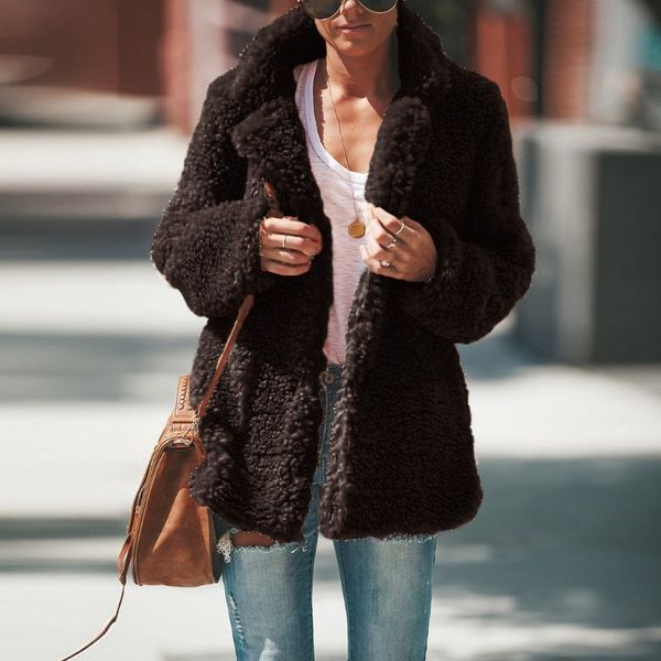 

casual solid turn-down collar faux fur jacket women 2019 new long sleeve cardigan coats mandarin collar loose hooded outwear, Black