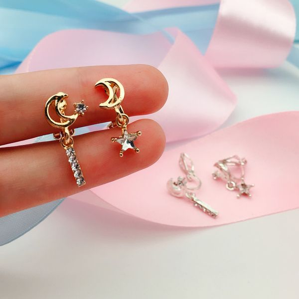 

grace jun rhinestone cz small star moon clip on earrings no pierced for women charm jewelry needn't ear hole earrings bijouteie, Silver
