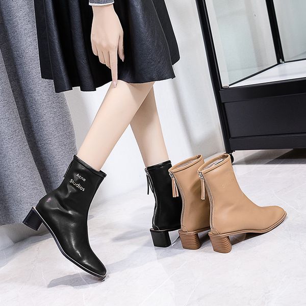 

winter boots soft leather martin boots women solid back zipper bottes strange heels booties femme high heels chelsea botines, Black