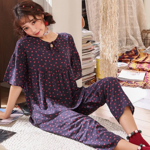 

женщины пижама набор 2019 хлопкового волокна весна autumndot пижама главная износ двух частей костюма elbow sleeve dark пижама с круглым гал, Black;red