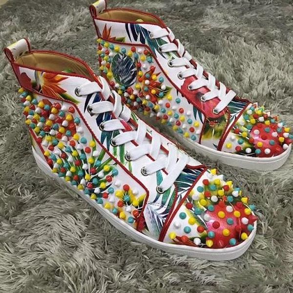 

most prefect men sneakers shoes red bottom high casual shoes luxury party dress genuine leather falt spikes toe lace-up outdoor leisure, Black